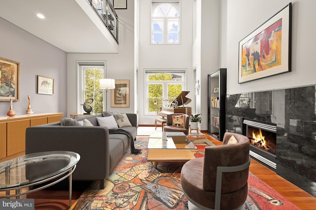 living room featuring hardwood / wood-style floors and a high end fireplace