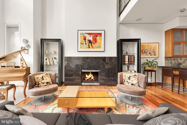 living room with hardwood / wood-style floors and a high ceiling