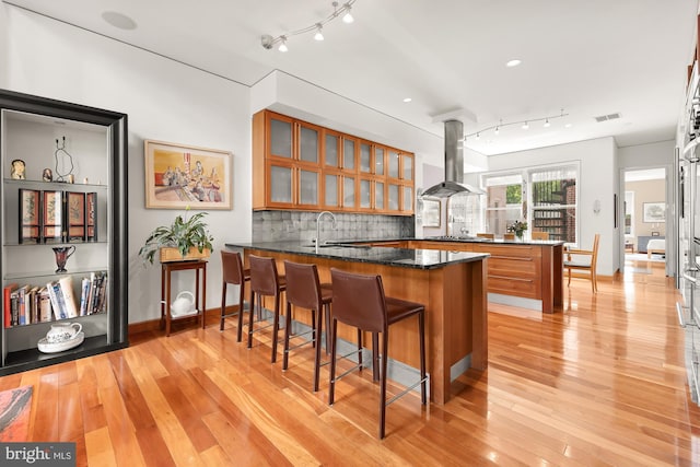 kitchen with sink, a kitchen breakfast bar, light hardwood / wood-style flooring, island exhaust hood, and kitchen peninsula