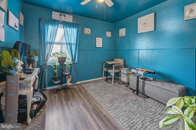 miscellaneous room with ceiling fan, a wainscoted wall, and wood finished floors