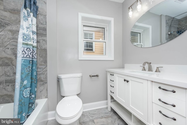 full bathroom with vanity, shower / bath combination with curtain, and toilet