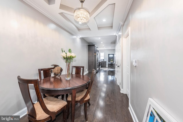 dining area with coffered ceiling, crown molding, beamed ceiling, a chandelier, and dark hardwood / wood-style floors