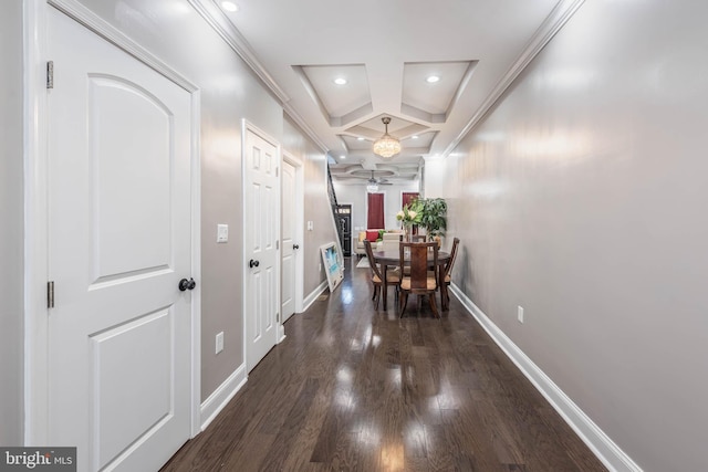 hall with dark hardwood / wood-style flooring and crown molding