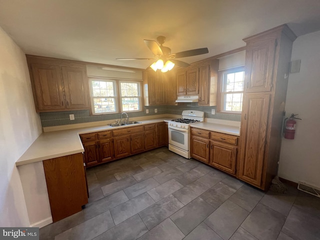 kitchen featuring ceiling fan, sink, and white range with gas cooktop