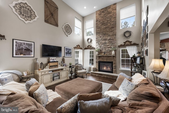 living room featuring a fireplace, a high ceiling, and wood-type flooring