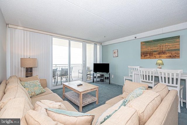 living room featuring carpet flooring, expansive windows, and a textured ceiling