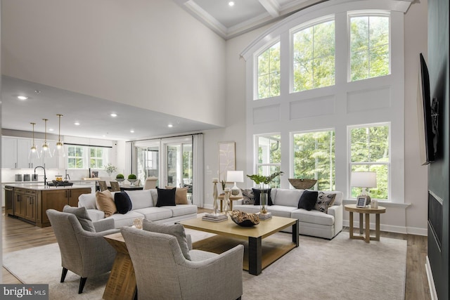 living room with light wood-type flooring, a towering ceiling, and a wealth of natural light