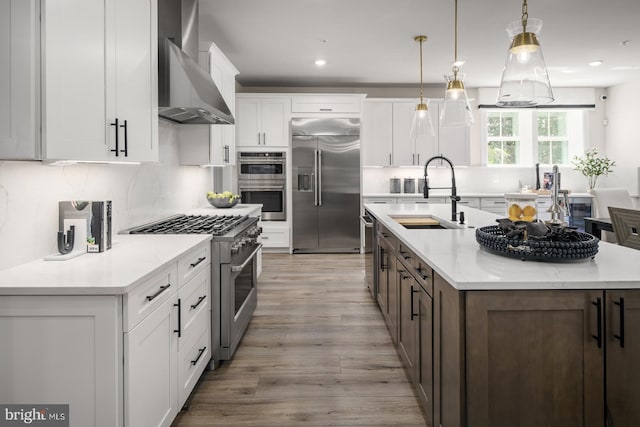 kitchen featuring white cabinetry, sink, wall chimney exhaust hood, decorative light fixtures, and high quality appliances