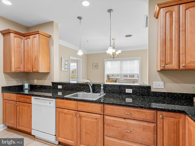 kitchen featuring dishwasher, crown molding, sink, decorative light fixtures, and a chandelier