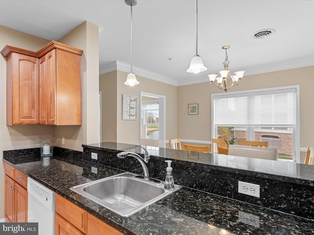 kitchen with dishwasher, an inviting chandelier, crown molding, sink, and hanging light fixtures