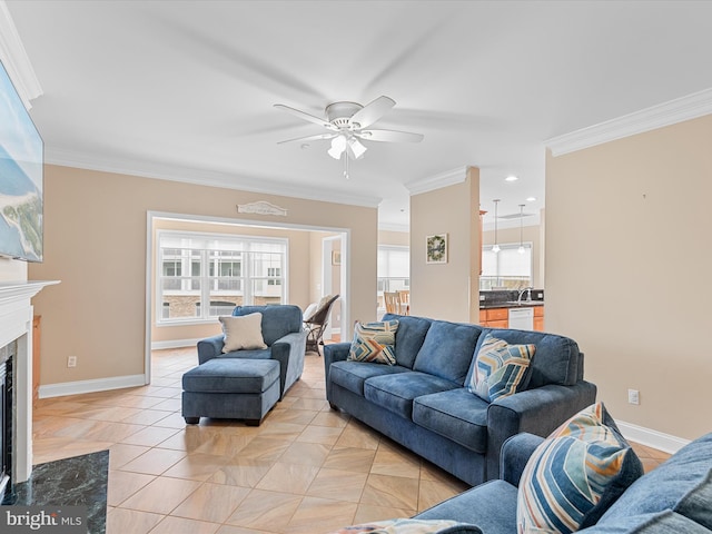 tiled living room featuring ceiling fan, a premium fireplace, and crown molding