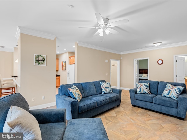 living room with crown molding, light parquet floors, and ceiling fan