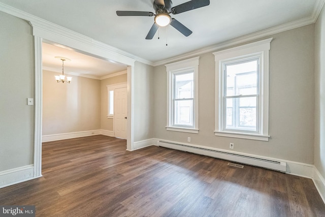 unfurnished room with ceiling fan with notable chandelier, crown molding, baseboard heating, and dark wood-type flooring