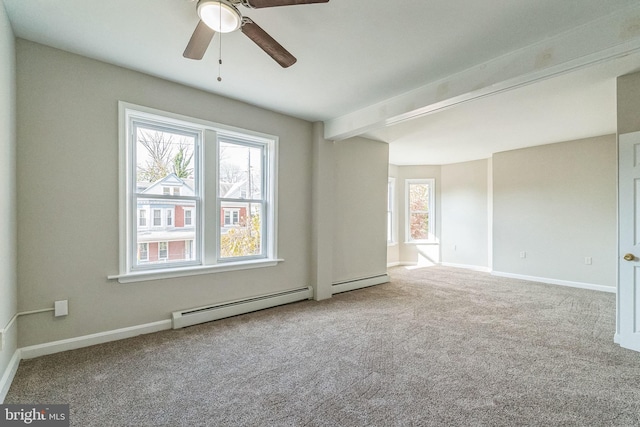 carpeted spare room featuring beam ceiling, a wealth of natural light, ceiling fan, and a baseboard radiator