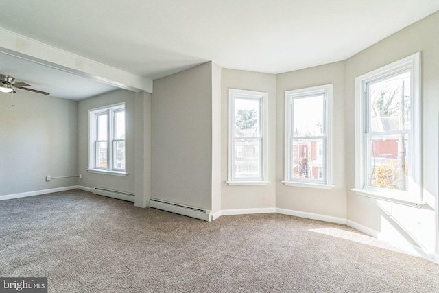 unfurnished room featuring light carpet, baseboard heating, a wealth of natural light, and ceiling fan