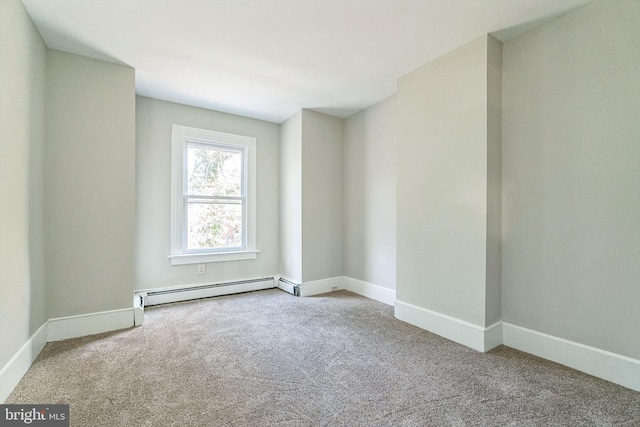 carpeted spare room with a baseboard radiator