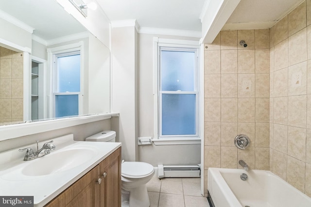 full bathroom with tile patterned flooring, tiled shower / bath, crown molding, and a baseboard heating unit