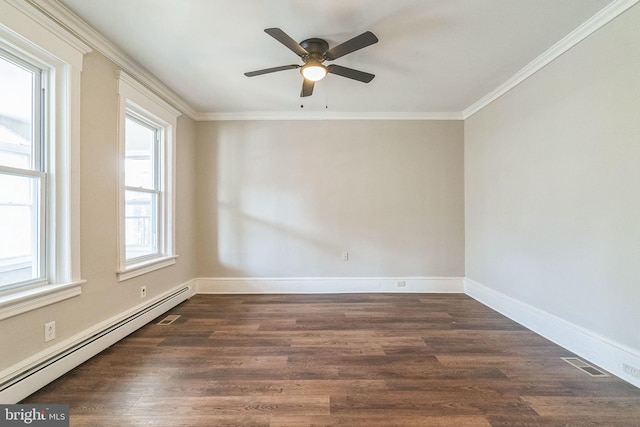 spare room with crown molding, dark hardwood / wood-style flooring, ceiling fan, and a baseboard radiator