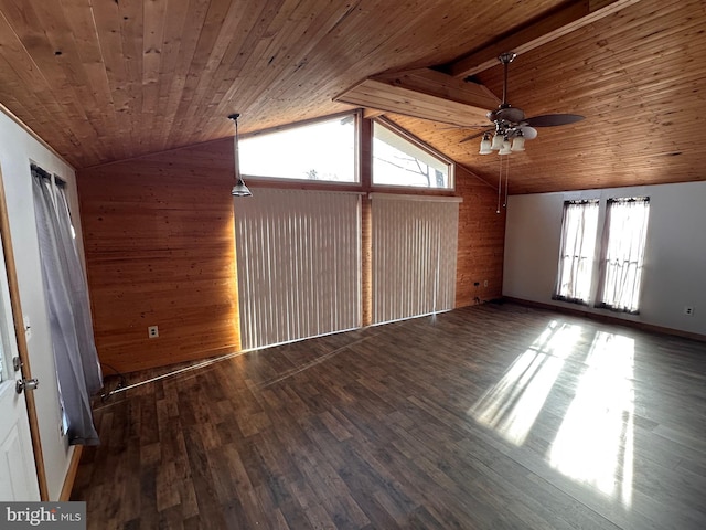 interior space with lofted ceiling with beams, wooden ceiling, a wealth of natural light, and dark wood-type flooring