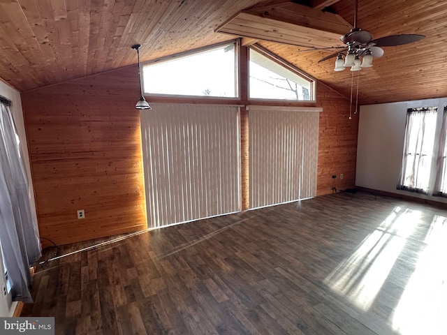 interior space featuring dark hardwood / wood-style flooring, vaulted ceiling with beams, and wooden ceiling