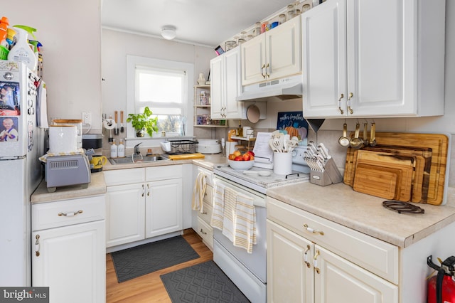 kitchen with light wood-type flooring, refrigerator, white range with electric stovetop, sink, and white cabinetry