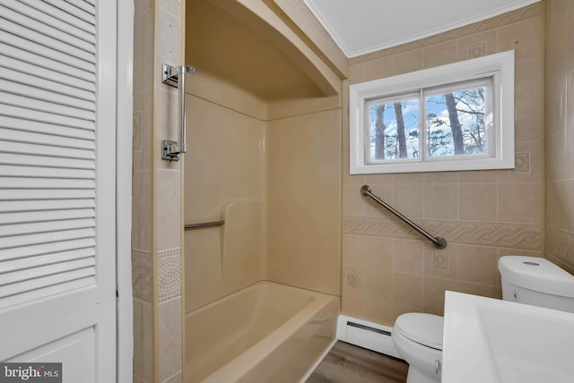 bathroom featuring a baseboard radiator, toilet, tile walls, and hardwood / wood-style flooring