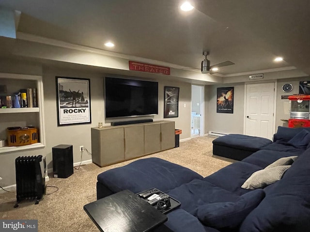 carpeted living room featuring a raised ceiling, ceiling fan, and a baseboard radiator