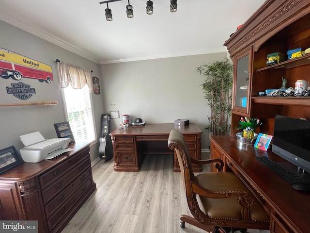 office space with light hardwood / wood-style floors and crown molding