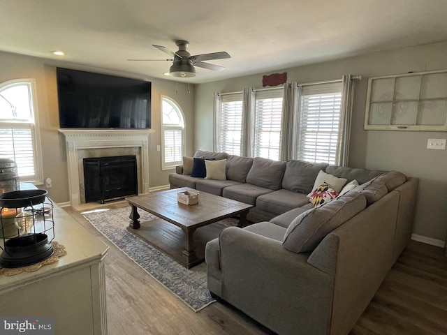 living room featuring hardwood / wood-style floors and ceiling fan