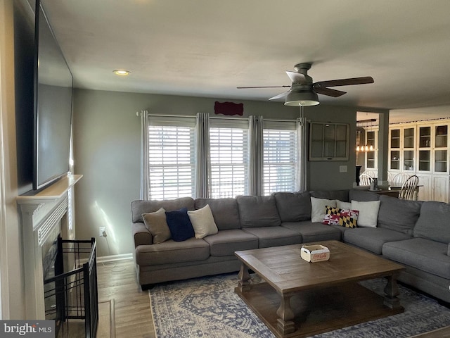 living room with ceiling fan and hardwood / wood-style flooring