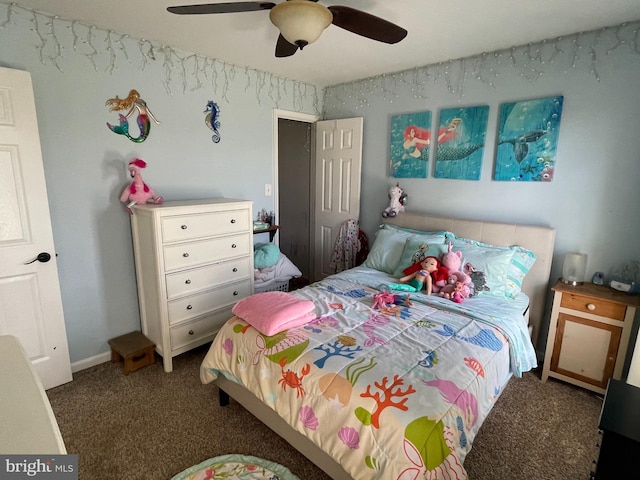 bedroom with ceiling fan and carpet floors