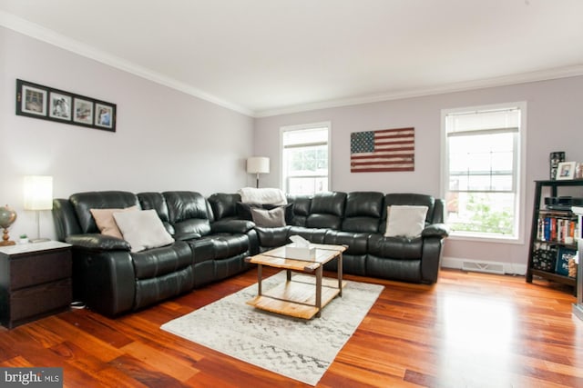 living room with ornamental molding and hardwood / wood-style flooring