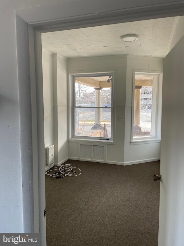 carpeted empty room with plenty of natural light and radiator heating unit