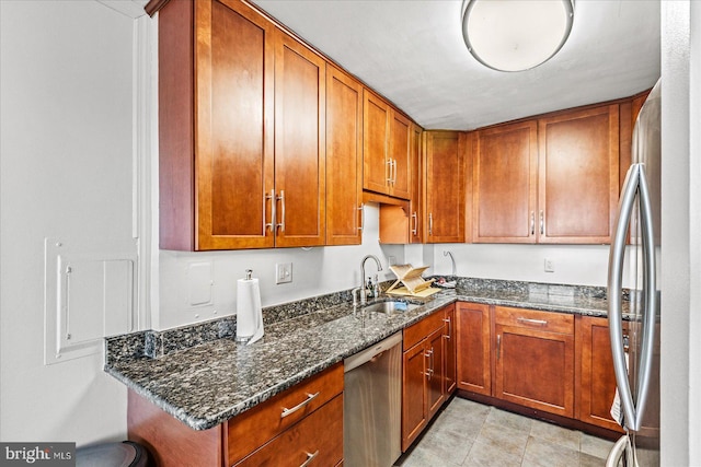 1830 Columbia Pike Unit 410, Arlington, VA 22204 - kitchen featuring a sink, stainless steel appliances, dark stone counters, and brown cabinetry