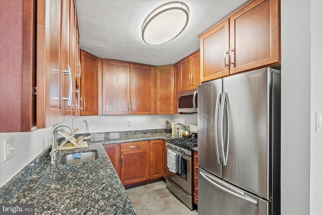 1830 Columbia Pike Unit 410, Arlington, VA 22204 - kitchen with appliances with stainless steel finishes, a sink, brown cabinets, and dark stone counters