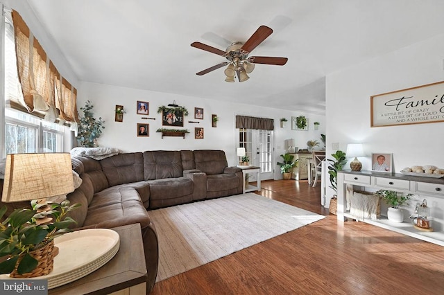 living room featuring hardwood / wood-style floors and ceiling fan