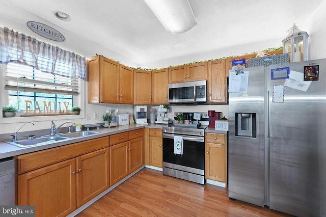 kitchen featuring stainless steel appliances, light hardwood / wood-style floors, and sink