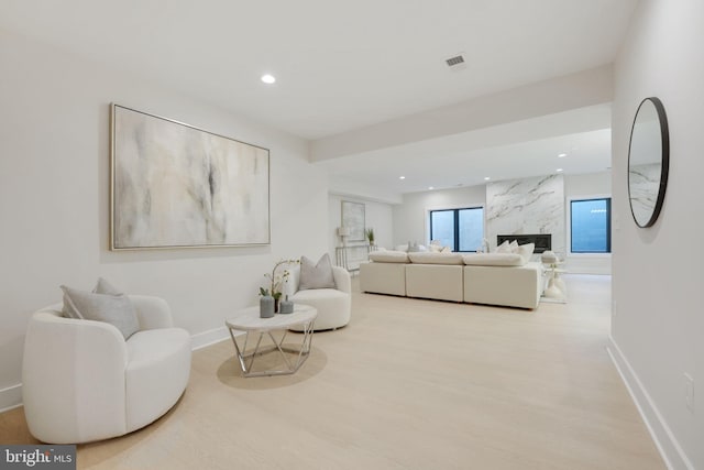 living room with wood-type flooring and a fireplace