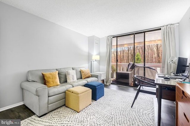 living room featuring a textured ceiling and hardwood / wood-style flooring