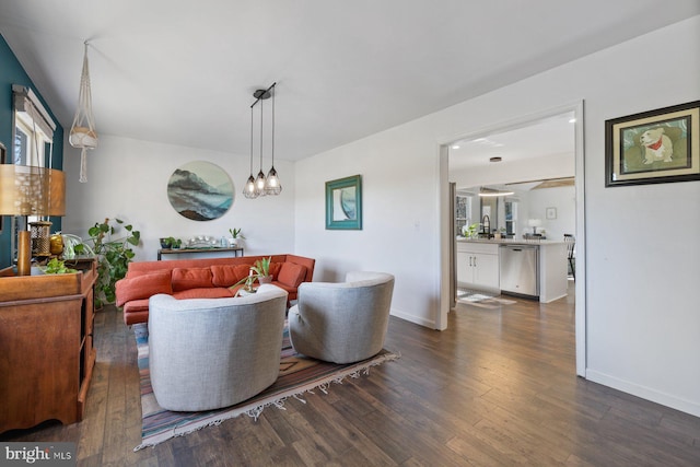 living room featuring sink and dark wood-type flooring