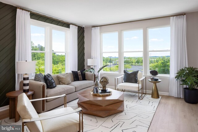 living room featuring a healthy amount of sunlight and light hardwood / wood-style floors