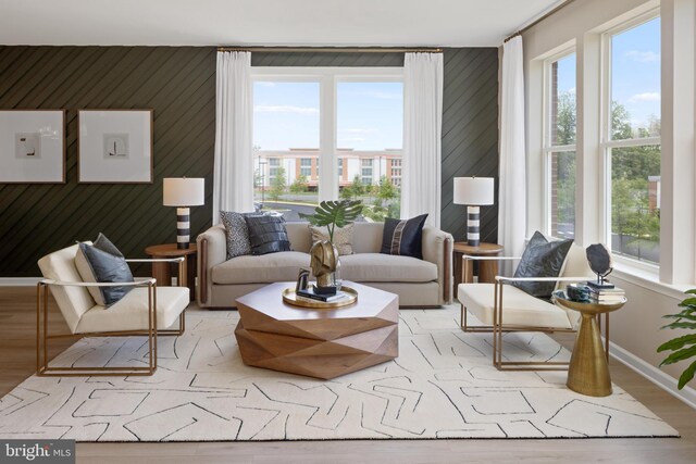 living area featuring light hardwood / wood-style flooring and a healthy amount of sunlight