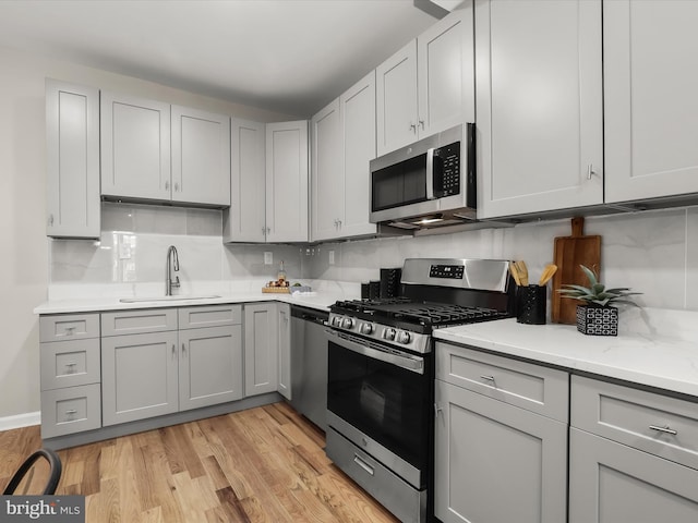 kitchen featuring appliances with stainless steel finishes, sink, backsplash, and light wood-type flooring