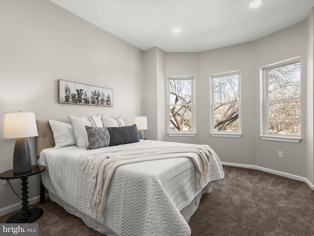 bedroom featuring dark colored carpet