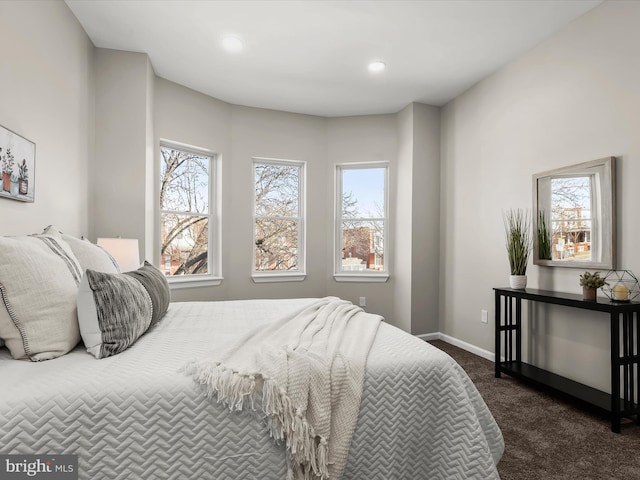 bedroom with multiple windows and dark colored carpet