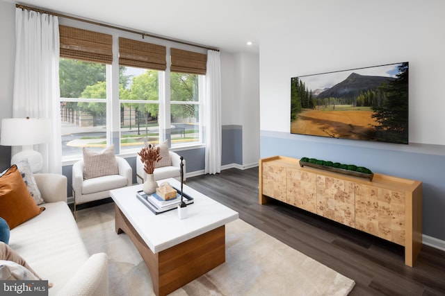 living room featuring wood finished floors, recessed lighting, and baseboards