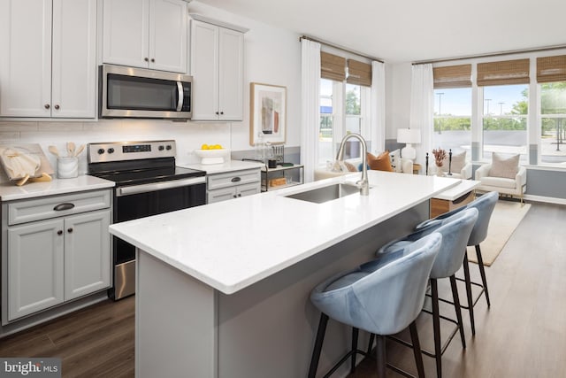 kitchen featuring stainless steel appliances, a sink, dark wood-style floors, and open floor plan