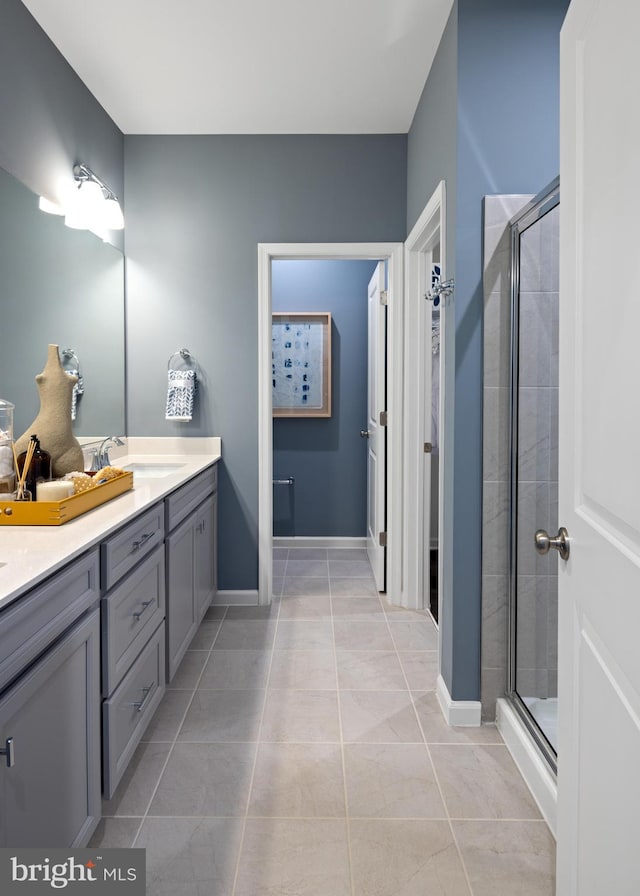 bathroom with a shower stall, vanity, and tile patterned floors