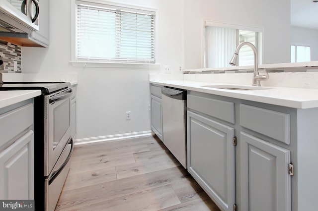 kitchen featuring decorative backsplash, light hardwood / wood-style floors, sink, and stainless steel appliances