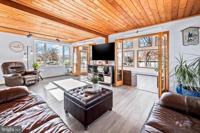 living room featuring hardwood / wood-style flooring, wood ceiling, and a baseboard heating unit